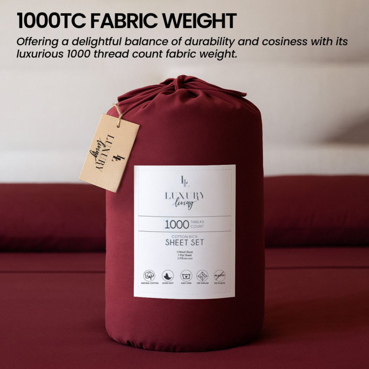 1000 Thread Count Cotton Rich King Bed Sheets 4-Piece Set in Burgundy image 7