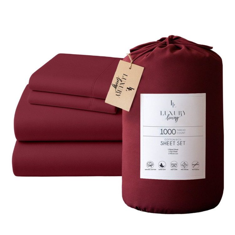 1000 Thread Count Cotton Rich Queen Bed Sheets 4-Piece Set in Burgundy