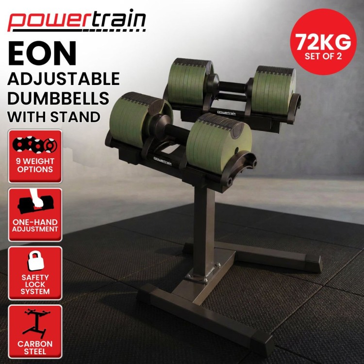 Powertrain Eon Dial Up 72KG Adjustable Dumbbells Pair with Stand - Green image 16