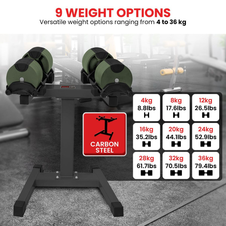 Powertrain Eon Dial Up 72KG Adjustable Dumbbells Pair with Stand - Green image 13