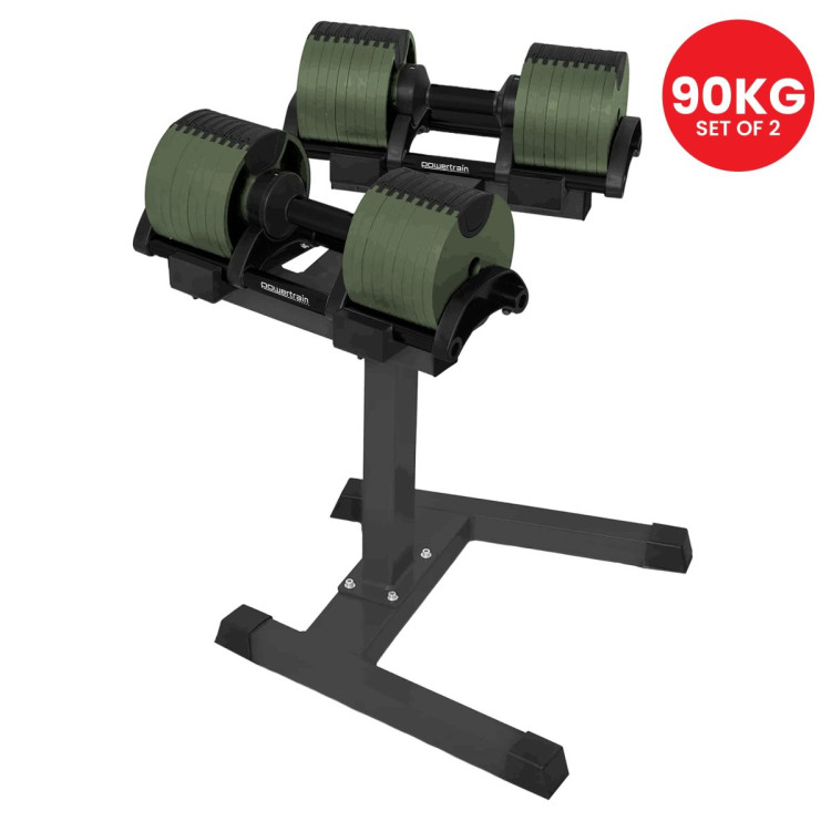 Powertrain Eon Dial Up 90KG Adjustable Dumbbells Pair with Stand - Green image 11