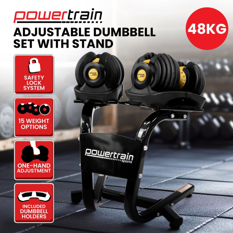 Powertrain Pair of 24kg Gold Adjustable Dumbbell Home Gym Weights with Stand image 3