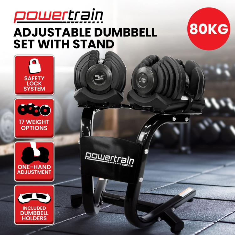 Powertrain 80kg Adjustable Dumbbell Home Gym Weights with Stand image 3