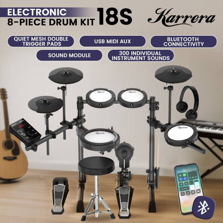 Karrera 18S Electronic Drum Kit with Mesh Pads 8in Bluetooth USB/MIDI Drum Coach Metronome  Kick Pedal & Choke Cymbals image 3