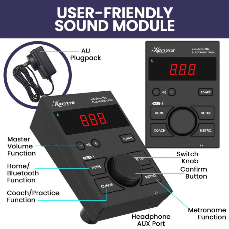 Karrera 18S Electronic Drum Kit with Mesh Pads 8in Bluetooth USB/MIDI Drum Coach Metronome  Kick Pedal & Choke Cymbals image 8