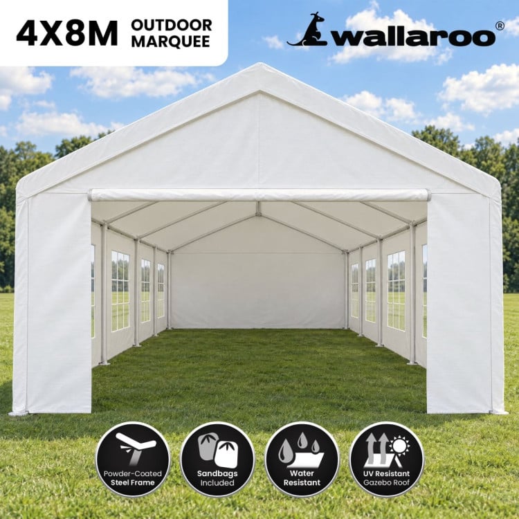 Wallaroo 4x8m Outdoor Event Marquee Party Tent Pavilion Gazebo Canopy with Removable Sidewalls & Zip Door - White image 3