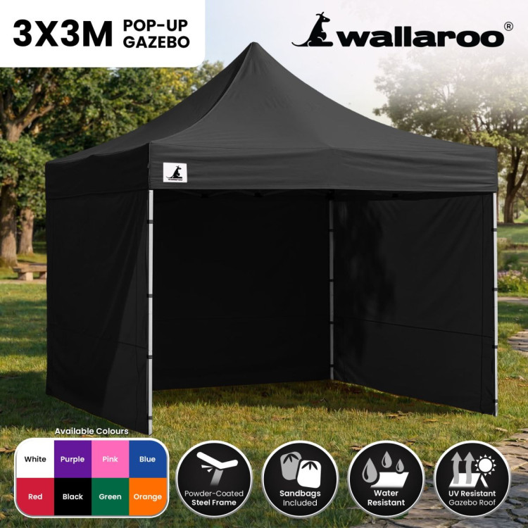 Wallaroo 3x3m Pop Up Gazebo Marquee Outdoor Folding Canopy Tent with 5 Walls Sandbags Carry Bag Weatherproof Black image 3