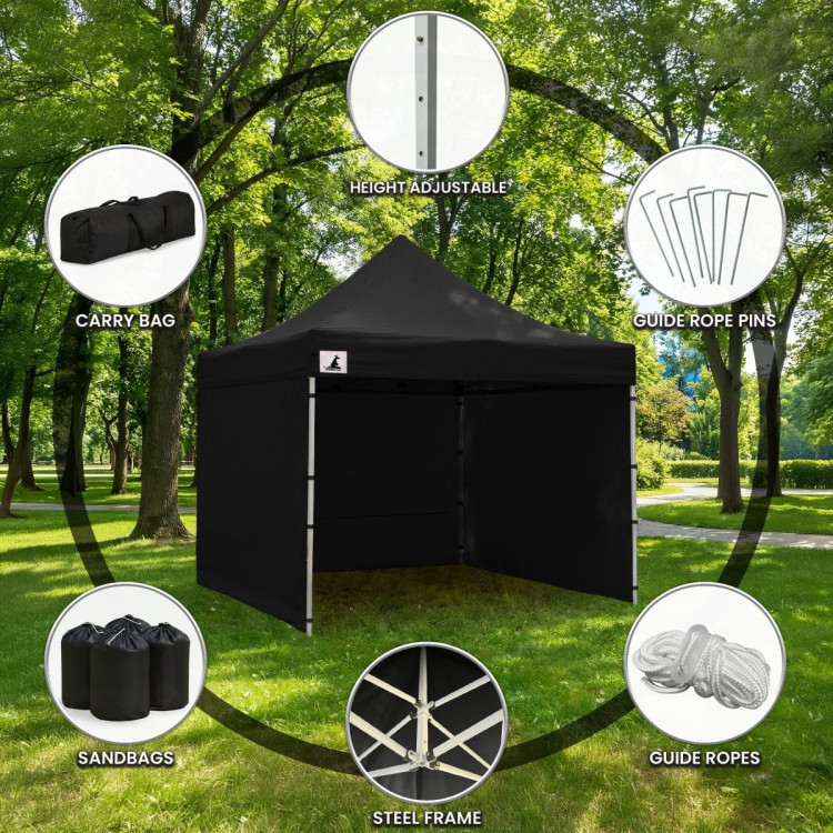 Wallaroo 3x3m Pop Up Gazebo Marquee Outdoor Folding Canopy Tent with 5 Walls Sandbags Carry Bag Weatherproof Black image 13