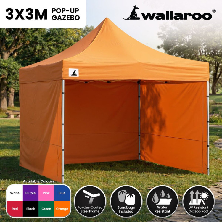 Wallaroo 3x3m Pop Up Gazebo Marquee Tent Orange Outdoor Folding Canopy with 5 Walls Sandbags Carry Bag Market Camping image 4