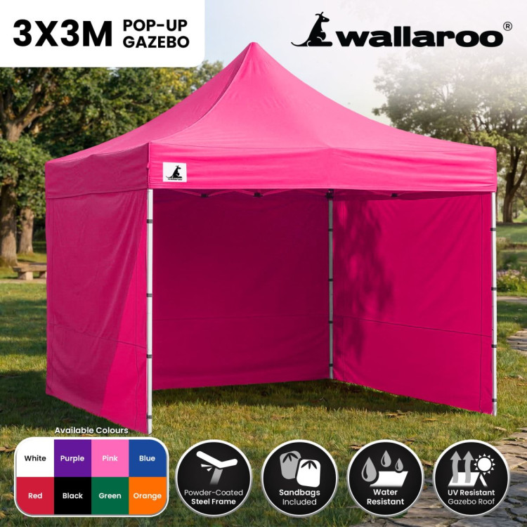 Wallaroo 3x3m Pop Up Gazebo Pink Marquee Canopy Outdoor Tent with 5 Side Walls Sandbags Carry Bag Folding Sun Shade image 4