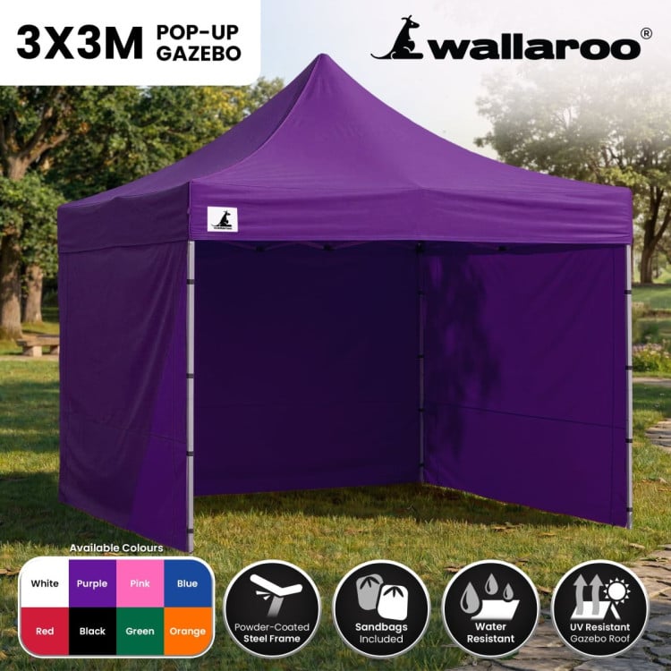 Wallaroo 3x3m Pop Up Gazebo Marquee Outdoor Canopy Folding Shade Tent with 5 Walls, Sandbags & Carry Bag - Purple image 4