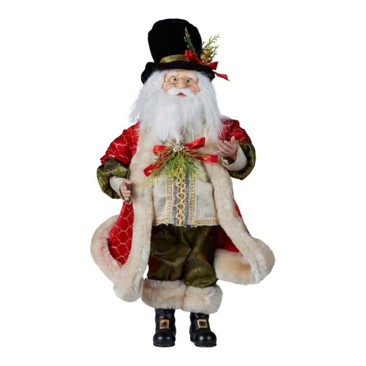 Christabelle 46cm Standing Santa Claus Figurine with Top Hat Traditional Red Green Tabletop Christmas Decoration