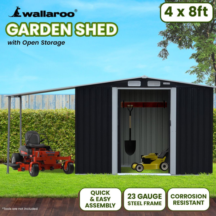 Wallaroo 4x8ft Zinc Steel Garden Shed with Open Storage - Black image 12