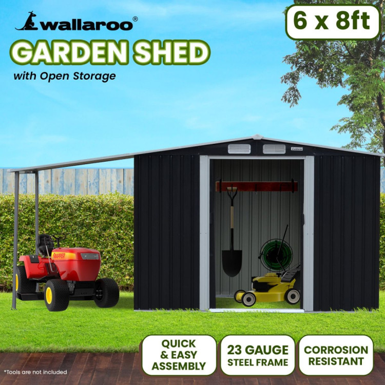 Wallaroo 6x8ft Zinc Steel Garden Shed with Open Storage - Black image 12