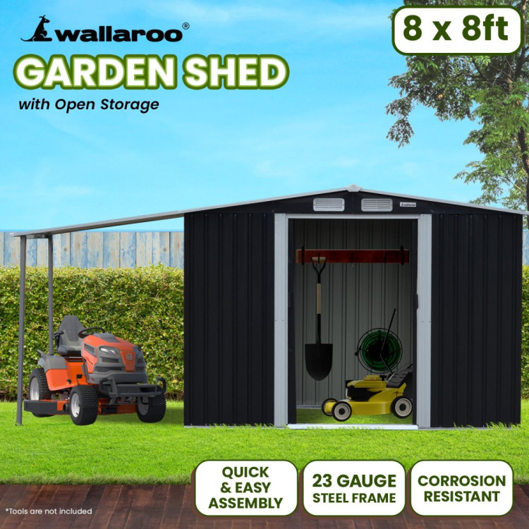 Wallaroo 8x8ft Zinc Steel Garden Shed with Open Storage - Black image 12
