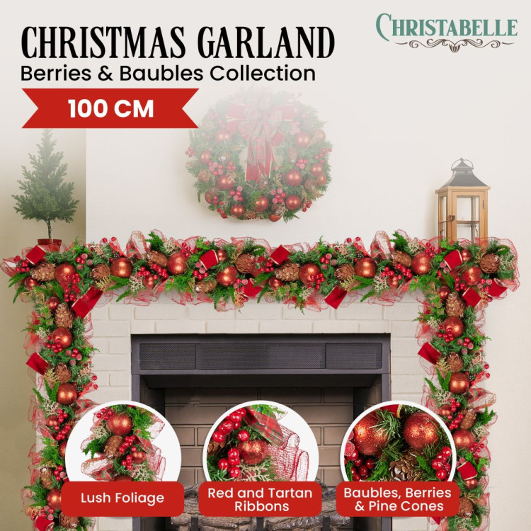 Christabelle 1m Christmas Garland with Red Berries & Pine Cones Baubles Berries Tree Decoration Ornament Red Green image 7