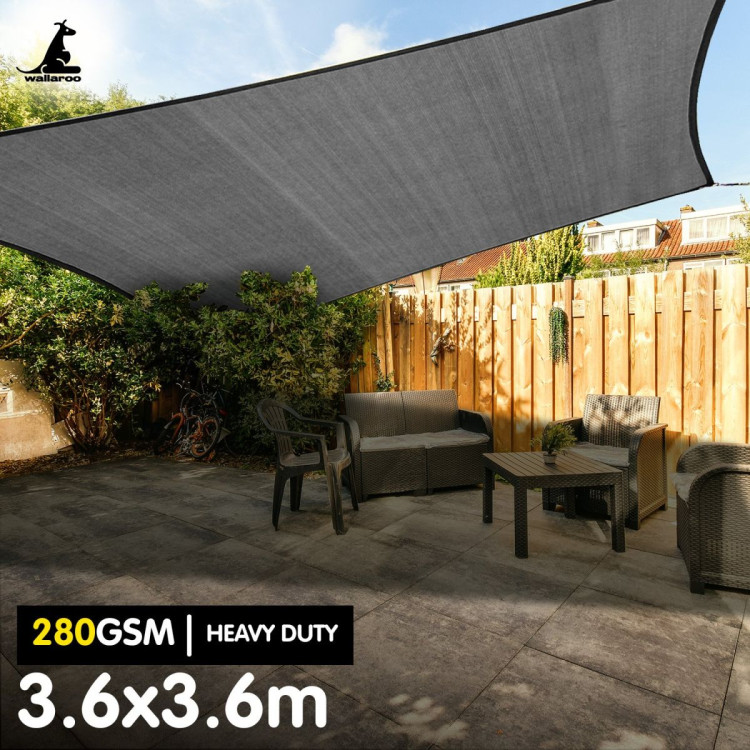 Wallaroo 280GSM Outdoor Sun Shade Sail Canopy Grey Square 3.6m x 3.6m image 3