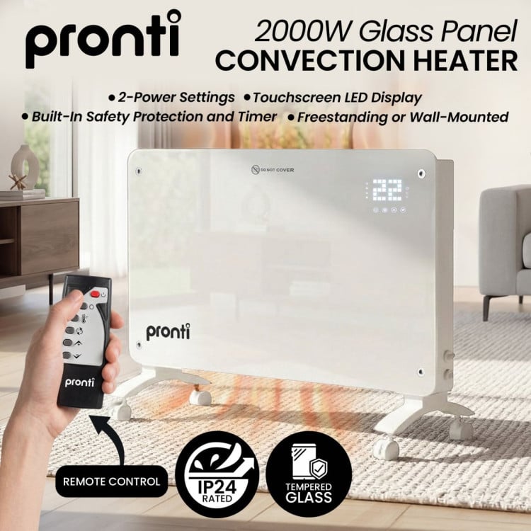 Pronti Glass Panel Convection Heater with Remote Control LED Display White