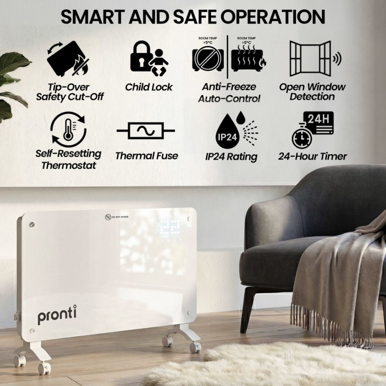Pronti Glass Panel Convection Heater with Remote Control LED Display White image 7