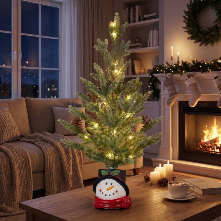Christabelle 55cm Pre-Lit Artificial Tabletop Christmas Tree with LED Lights, Small Desk Xmas Tree in Snowman Pot image 4