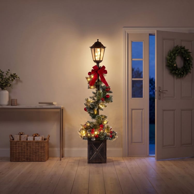 Christabelle 1.52m Lamp Post Christmas Light Up Display Bows Berries Baubles Green Foliage LED Pre Decorated image 5