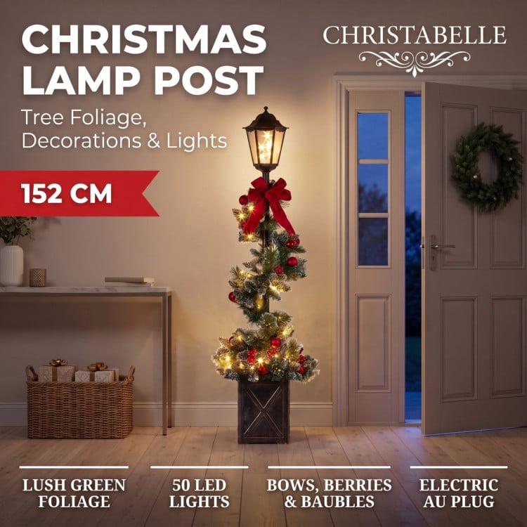 Christabelle 1.52m Lamp Post Christmas Light Up Display Bows Berries Baubles Green Foliage LED Pre Decorated image 9