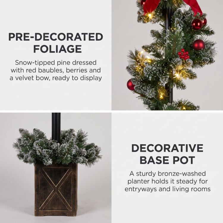 Christabelle 1.52m Lamp Post Christmas Light Up Display Bows Berries Baubles Green Foliage LED Pre Decorated image 6