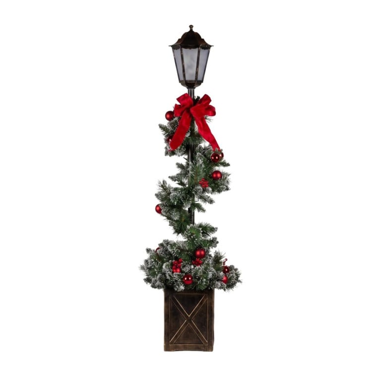 Christabelle 1.52m Lamp Post Christmas Light Up Display Bows Berries Baubles Green Foliage LED Pre Decorated image 3
