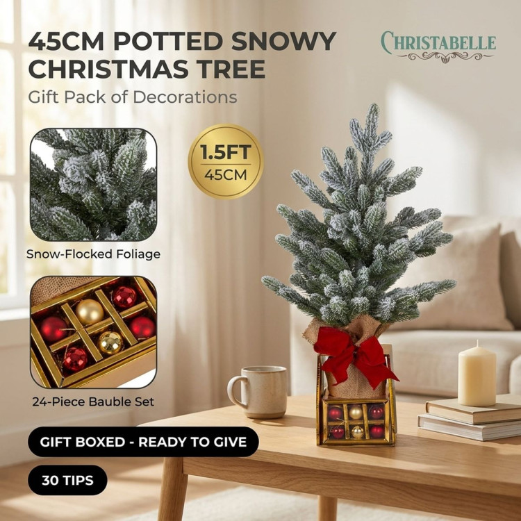 Christabelle 45cm 1.5ft Snowy Potted Christmas Tree Decorations Gift Pack Hessian Red Gold Baubles Tabletop Mini Compact image 11