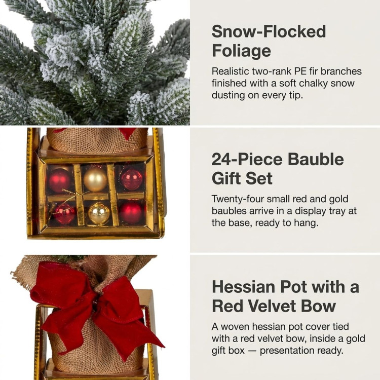 Christabelle 45cm 1.5ft Snowy Potted Christmas Tree Decorations Gift Pack Hessian Red Gold Baubles Tabletop Mini Compact image 6