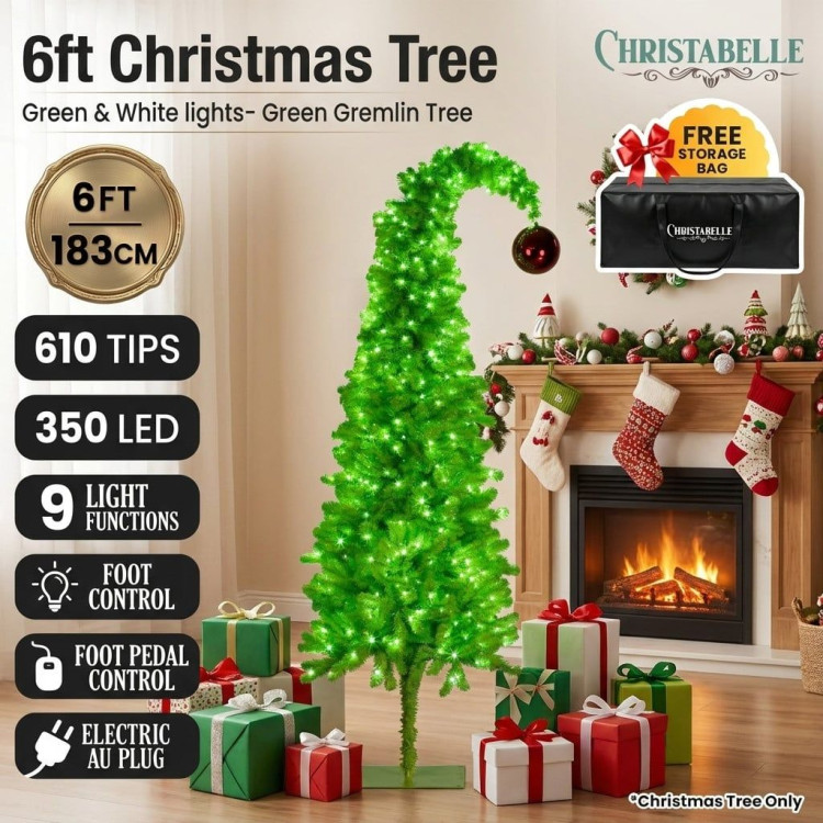 Christabelle 1.8m 6ft Gremlin Christmas Tree Pre Lit Green White LED Curved Top Red Bauble Artificial Indoor Xmas Decor image 13