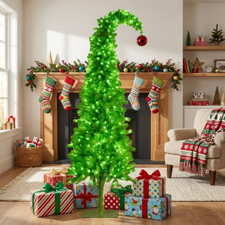 Christabelle 1.8m 6ft Gremlin Christmas Tree Pre Lit Green White LED Curved Top Red Bauble Artificial Indoor Xmas Decor image 4