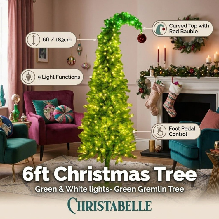 Christabelle 1.8m 6ft Gremlin Christmas Tree Pre Lit Green White LED Curved Top Red Bauble Artificial Indoor Xmas Decor image 11