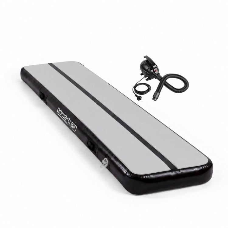 Powertrain 3m x 1m Inflatable Air Track 20cm Thick Gymnastics Exercise Tumbling Mat in Grey Black with Electric Pump