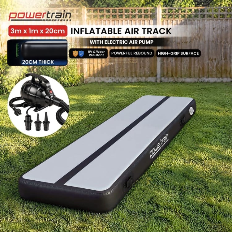 Powertrain 3m x 1m Inflatable Air Track 20cm Thick Gymnastics Exercise Tumbling Mat in Grey Black with Electric Pump image 3