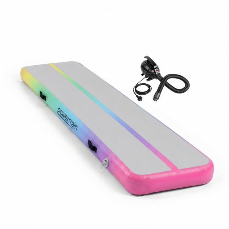 Powertrain 3m x 1m Inflatable Air Track 20cm Thick Gymnastics Exercise Tumbling Mat in Rainbow with Electric Pump