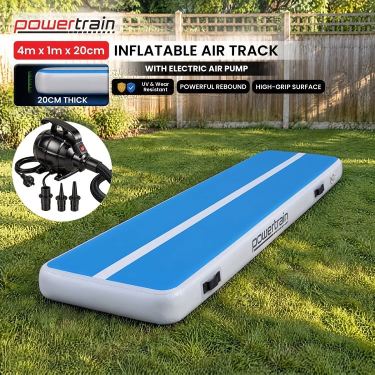 Powertrain 4m x 1m Inflatable Air Track 20cm Thick Gymnastics Exercise Tumbling Mat in Blue White with Electric Pump image 3