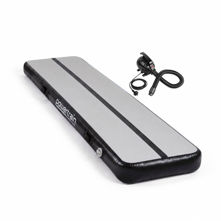 Powertrain 4m x 1m Inflatable Air Track 20cm Thick Gymnastics Exercise Tumbling Mat in Grey Black with Electric Pump