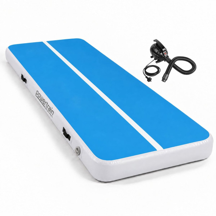 Powertrain 4m x 2m Inflatable Air Track 20cm Thick Gymnastics Exercise Tumbling Mat in Blue White with Electric Pump