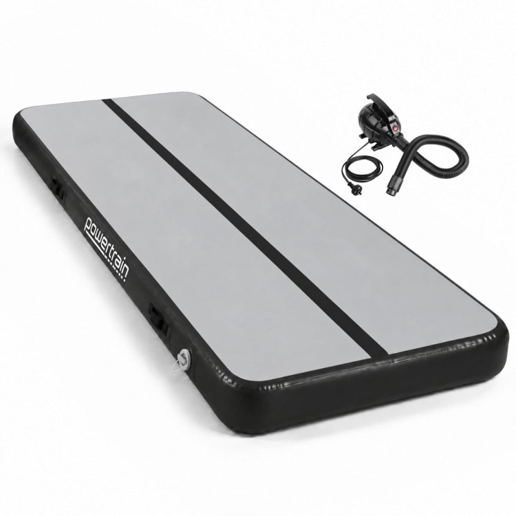 Powertrain 4m x 2m Inflatable Air Track 20cm Thick Gymnastics Exercise Tumbling Mat in Grey Black with Electric Pump