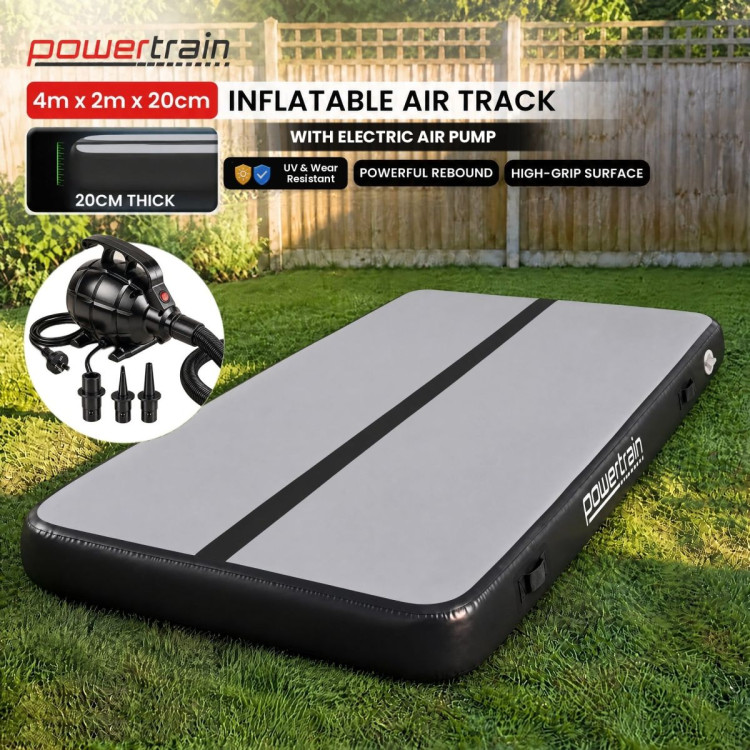 Powertrain 4m x 2m Inflatable Air Track 20cm Thick Gymnastics Exercise Tumbling Mat in Grey Black with Electric Pump image 3