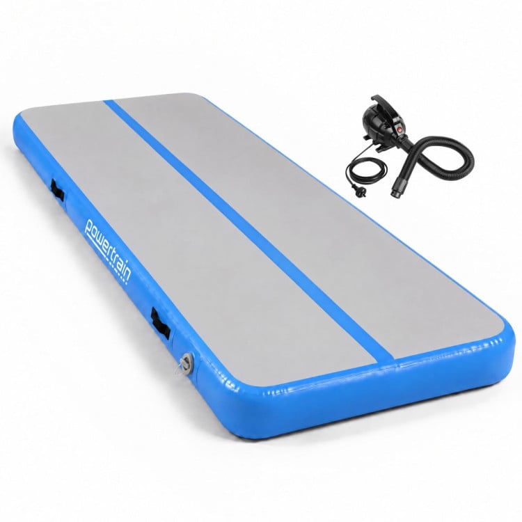 Powertrain 4m x 2m Inflatable Air Track 20cm Thick Gymnastics Exercise Tumbling Mat in Grey Blue with Electric Pump
