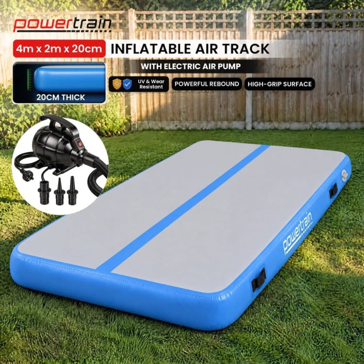 Powertrain 4m x 2m Inflatable Air Track 20cm Thick Gymnastics Exercise Tumbling Mat in Grey Blue with Electric Pump image 3