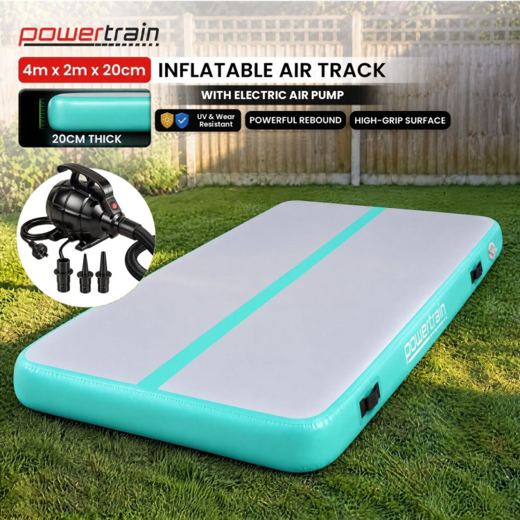 Powertrain 4m x 2m Inflatable Air Track 20cm Thick Gymnastics Exercise Tumbling Mat in Grey Green with Electric Pump image 3