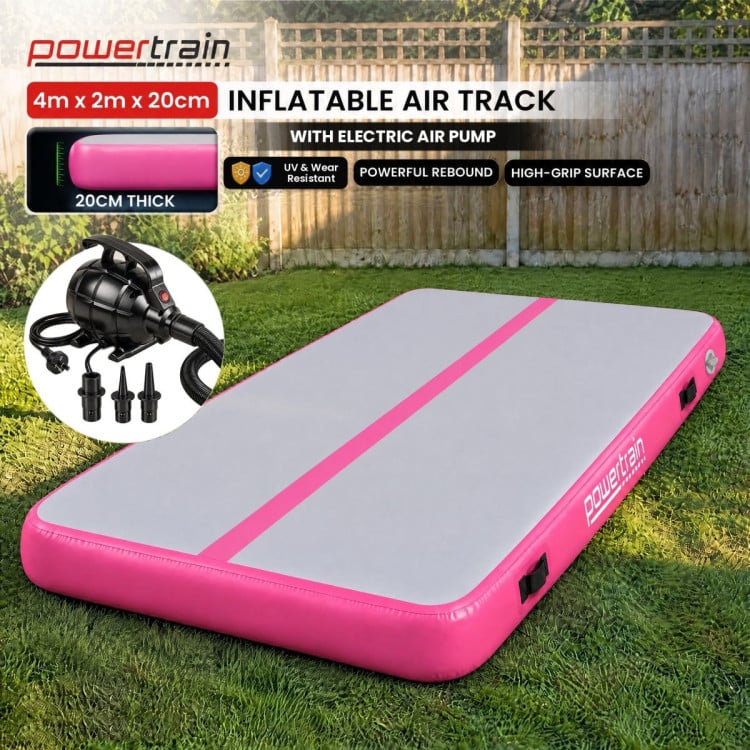 Powertrain 4m x 2m Inflatable Air Track 20cm Thick Gymnastics Exercise Tumbling Mat in Grey Pink with Electric Pump image 3