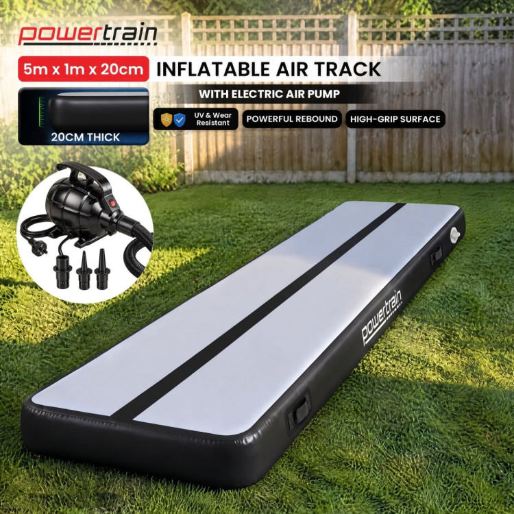 Powertrain 5m x 1m Inflatable Air Track 20cm Thick Gymnastics Exercise Tumbling Mat in Grey Black with Electric Pump image 3