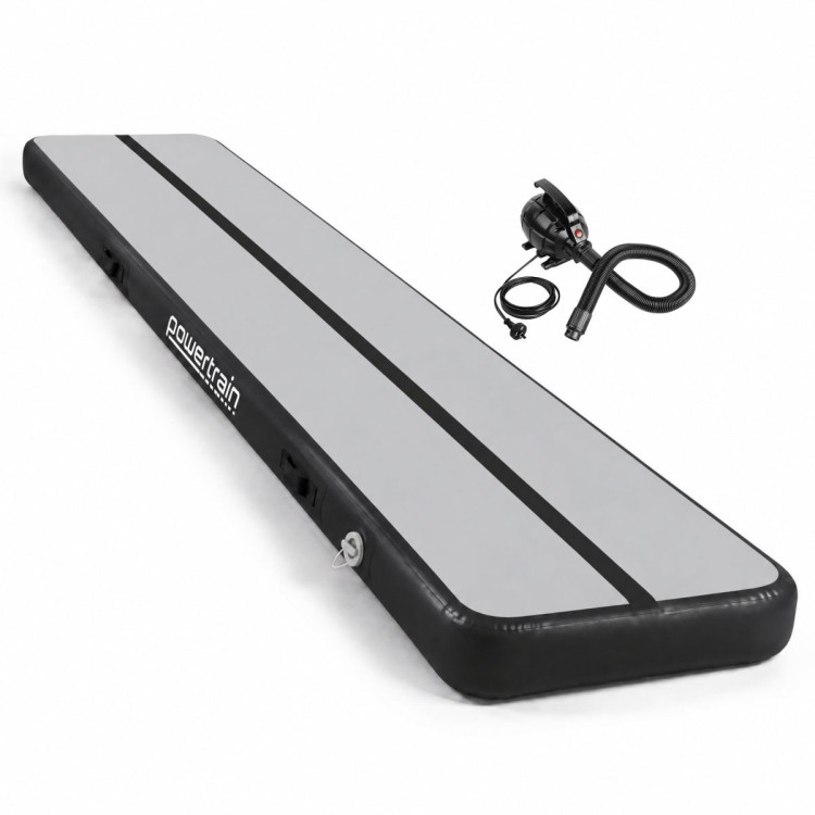 Powertrain 6m x 1m Inflatable Air Track 20cm Thick Gymnastics Exercise Tumbling Mat in Grey Black with Electric Pump