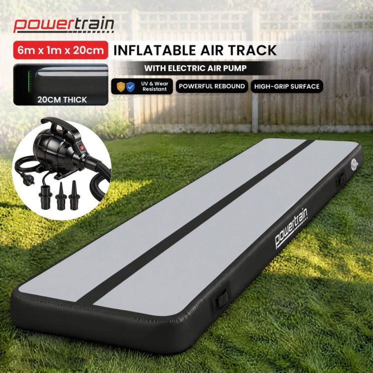 Powertrain 6m x 1m Inflatable Air Track 20cm Thick Gymnastics Exercise Tumbling Mat in Grey Black with Electric Pump image 3