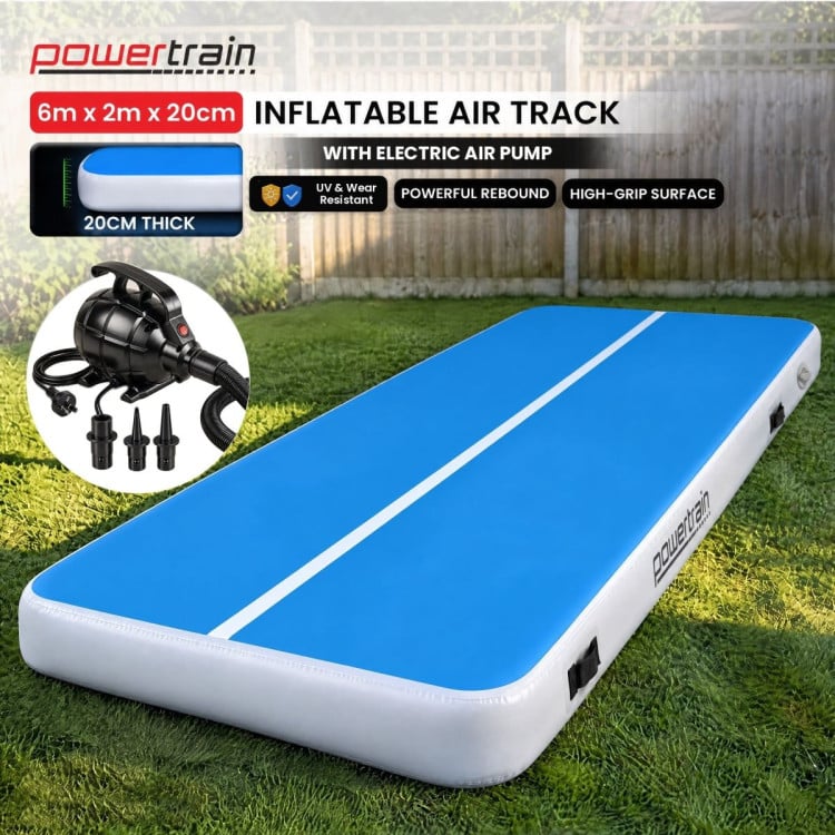 Powertrain 6m x 2m Inflatable Air Track 20cm Thick Gymnastics Exercise Tumbling Mat in Blue White with Electric Pump image 2
