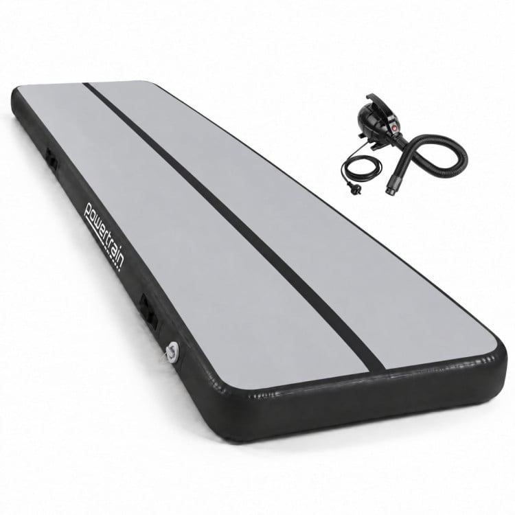 Powertrain 6m x 2m Inflatable Air Track 20cm Thick Gymnastics Exercise Tumbling Mat in Grey Black with Electric Pump